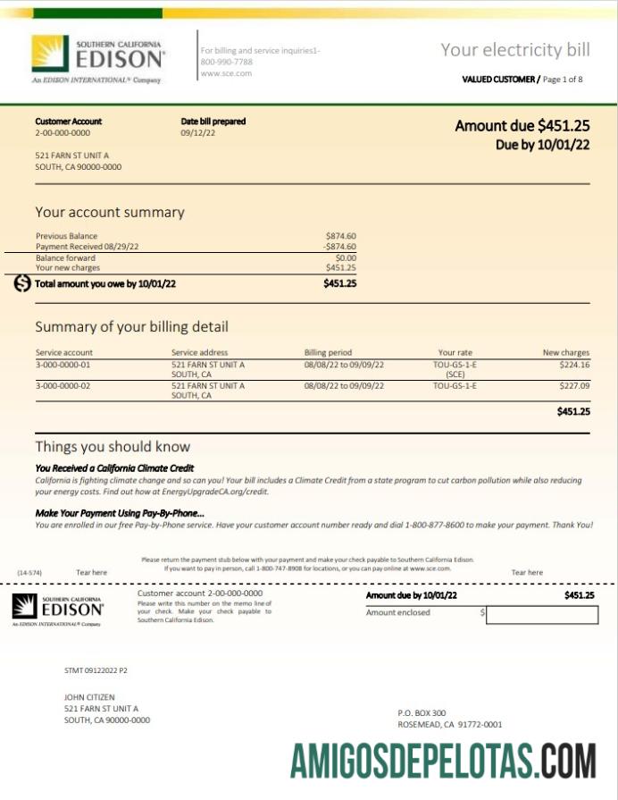 Em branco modelo de conta de serviços públicos Edison do sul da Califórnia dos EUA em formato Word e PDF